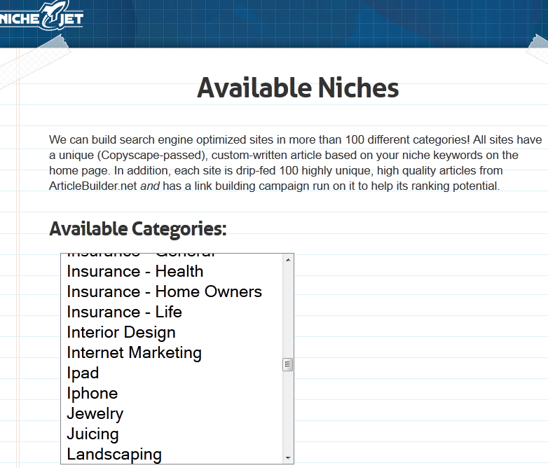 niche jet list of available niches