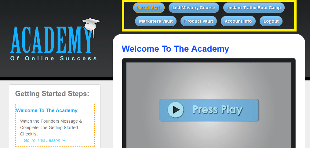 academy of online success members area screenshot