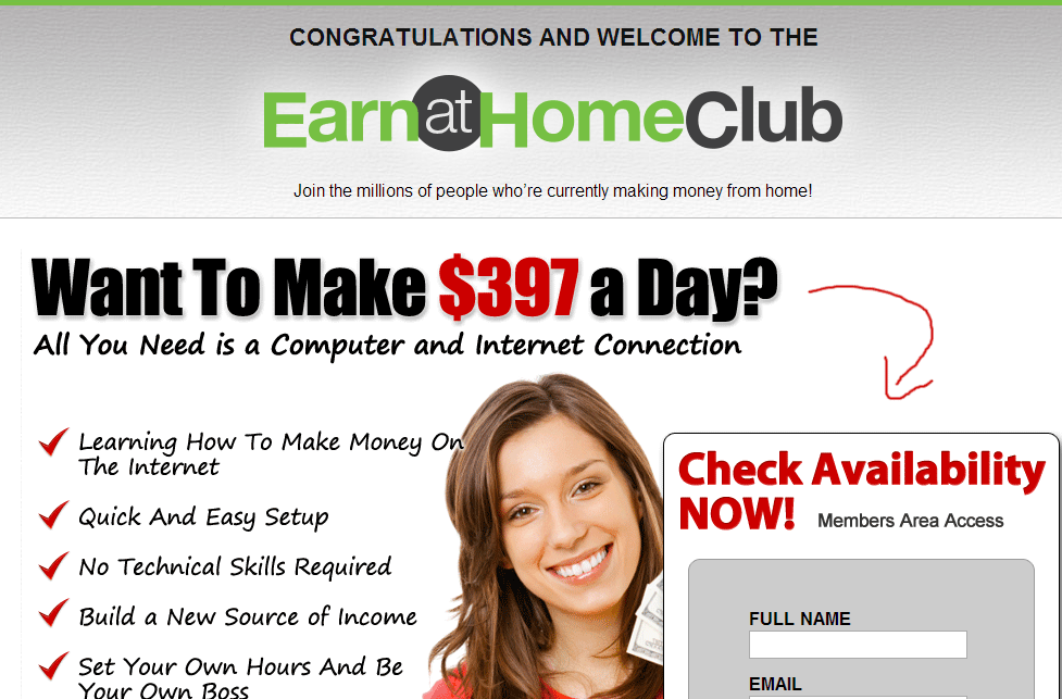 earn at home club homepage screenshot