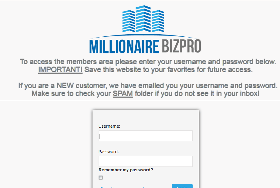 millionaire biz pro login screenshot