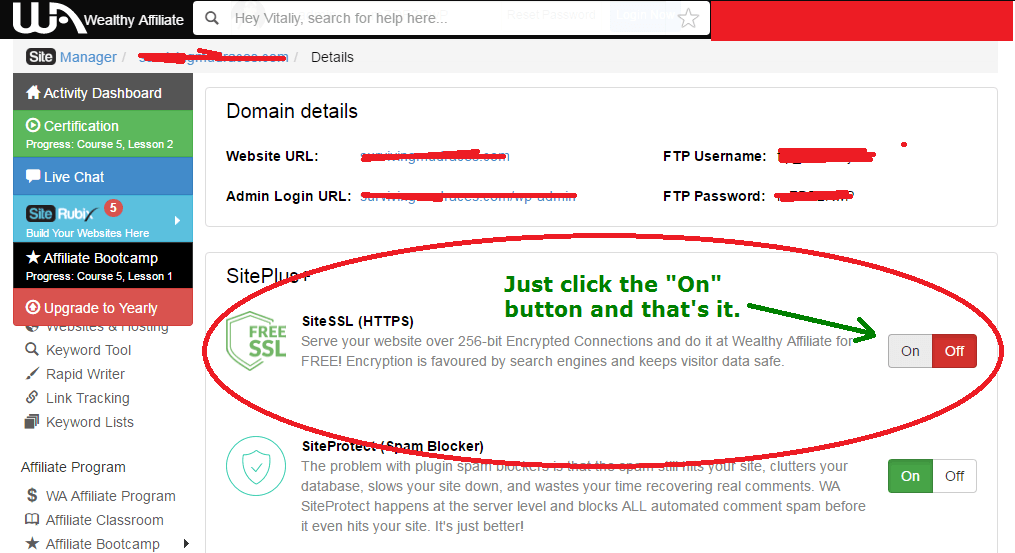 how to activate ssl on a website through wealthy affiliate