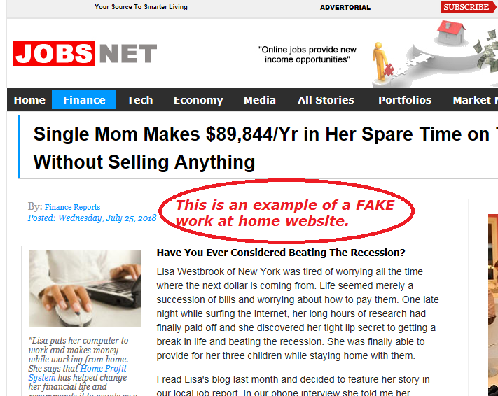 example of work at home special report page