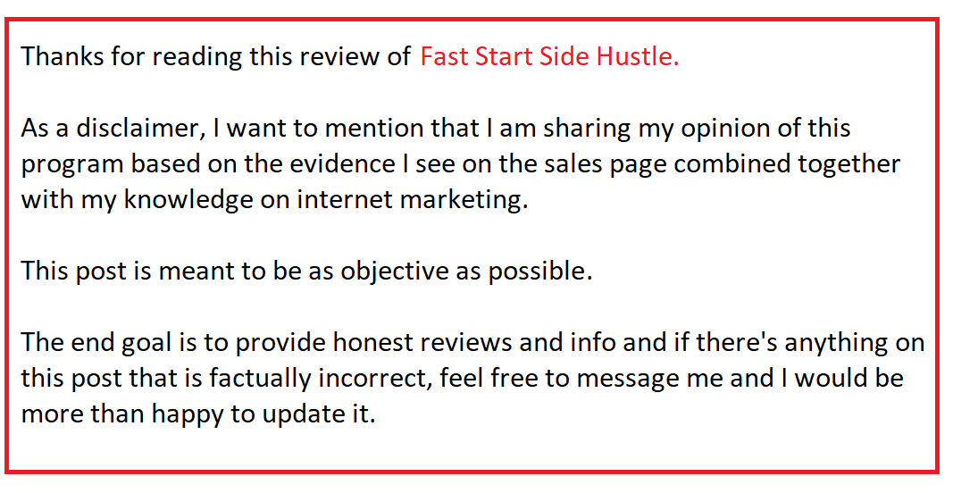 fast start side hustle disclaimer