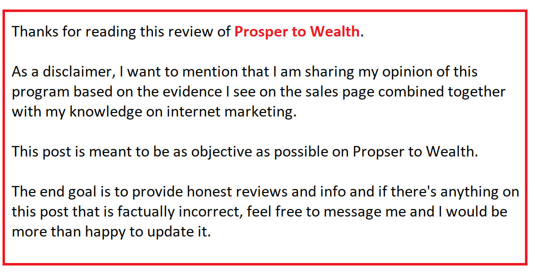 prosper to wealth disclaimer